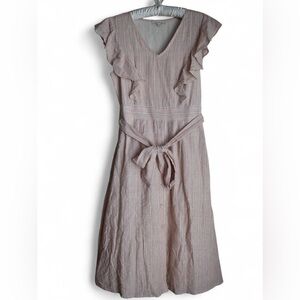 Skies Are Blue Midi Striped Linen Cotton Ruffle Sleeve Belted Dress A-Line